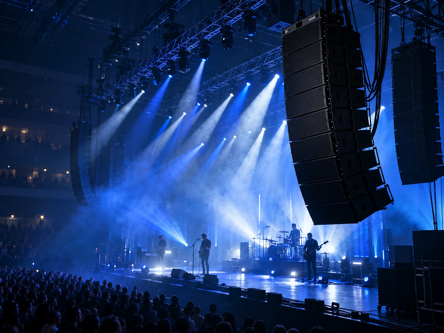 Illustratives Bühnenmotiv mit Line-Array-Lautsprechern und blauer Konzertbeleuchtung